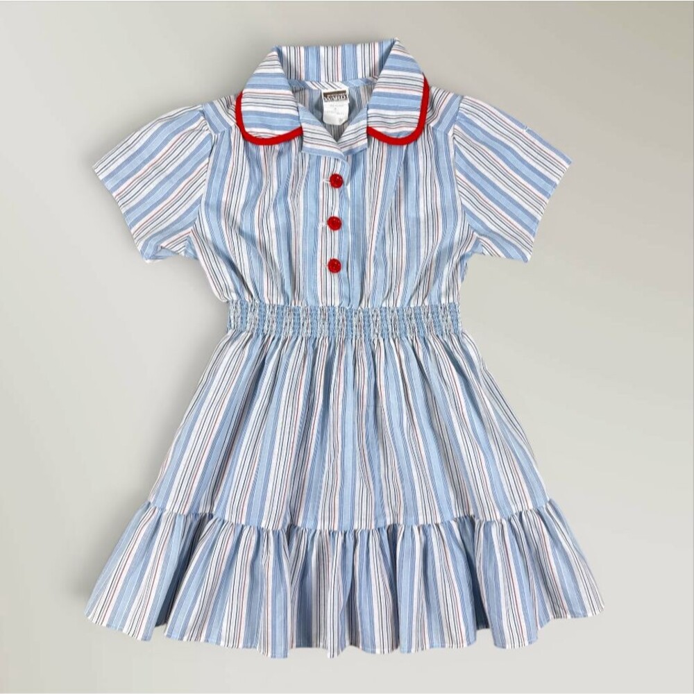 Vintage Montgomery Ward Girl's Dress Blue White Stripes Cottage Boho Size 5